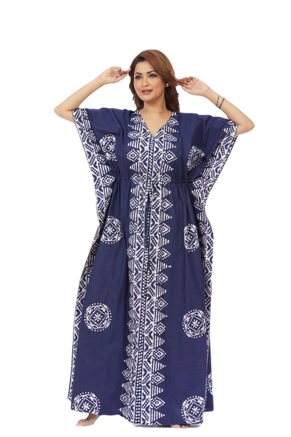 Blue Triangle Border Design Hand-Dyed Batik Cotton Kaftan | The Kaftan Shop