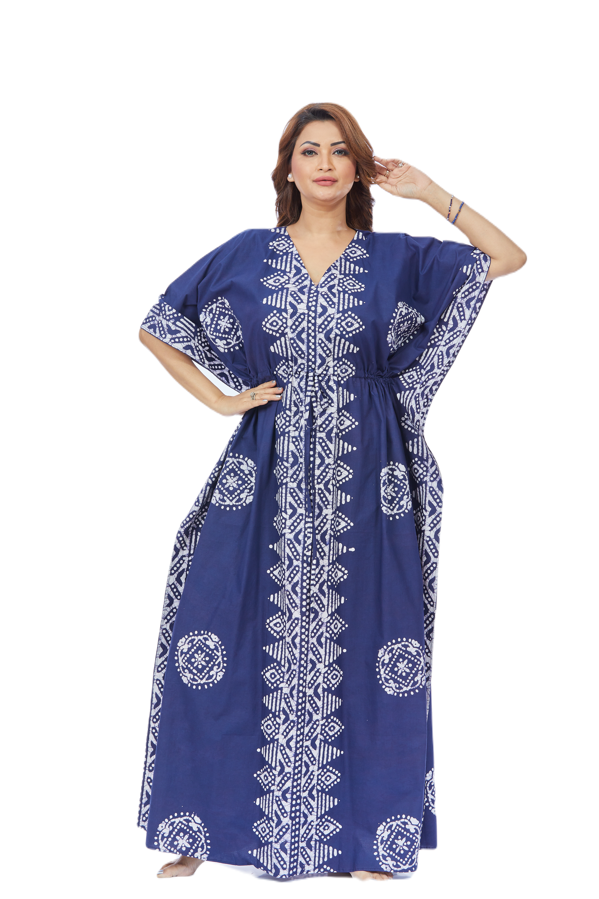 Blue Triangle Border Design Hand-Dyed Batik Cotton Kaftan