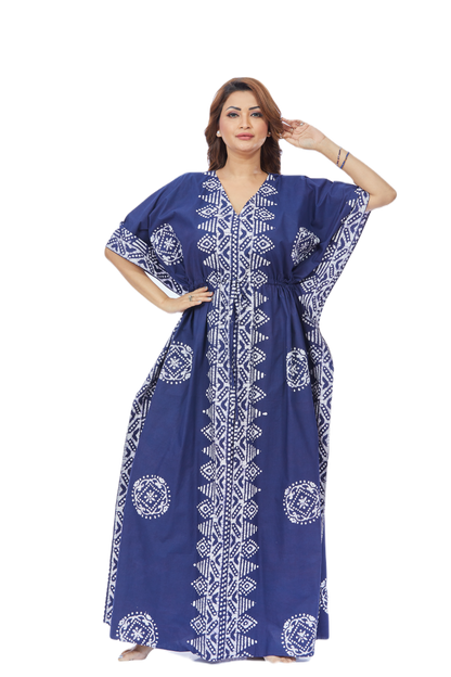 Blue Triangle Border Design Hand-Dyed Batik Cotton Kaftan