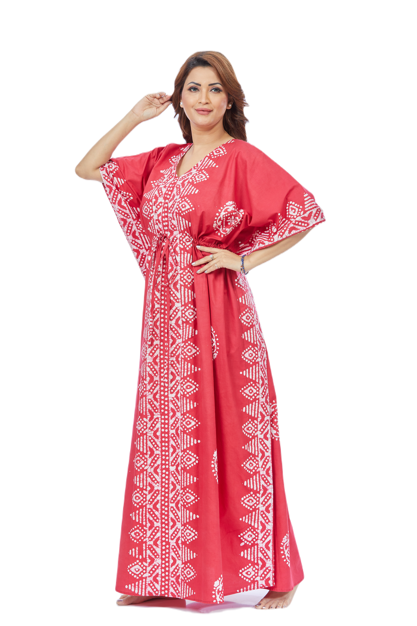 Red Triangle Border Batik Cotton Kaftan - The Kaftan Shop