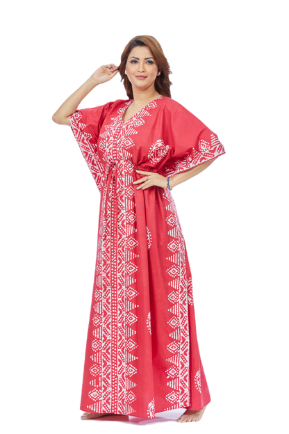 Red Triangle Border Batik Cotton Kaftan - The Kaftan Shop