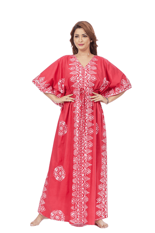 Red Triangle Border Design, Hand Dyed Batik, 100% Cotton Kaftan - K122