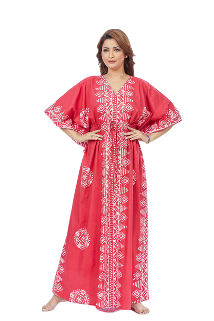 Red Triangle Border Batik Cotton Kaftan - The Kaftan Shop