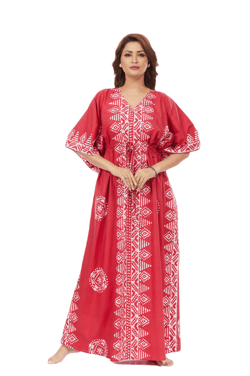 Red Triangle Border Design, Hand Dyed Batik, 100% Cotton Kaftan - K122