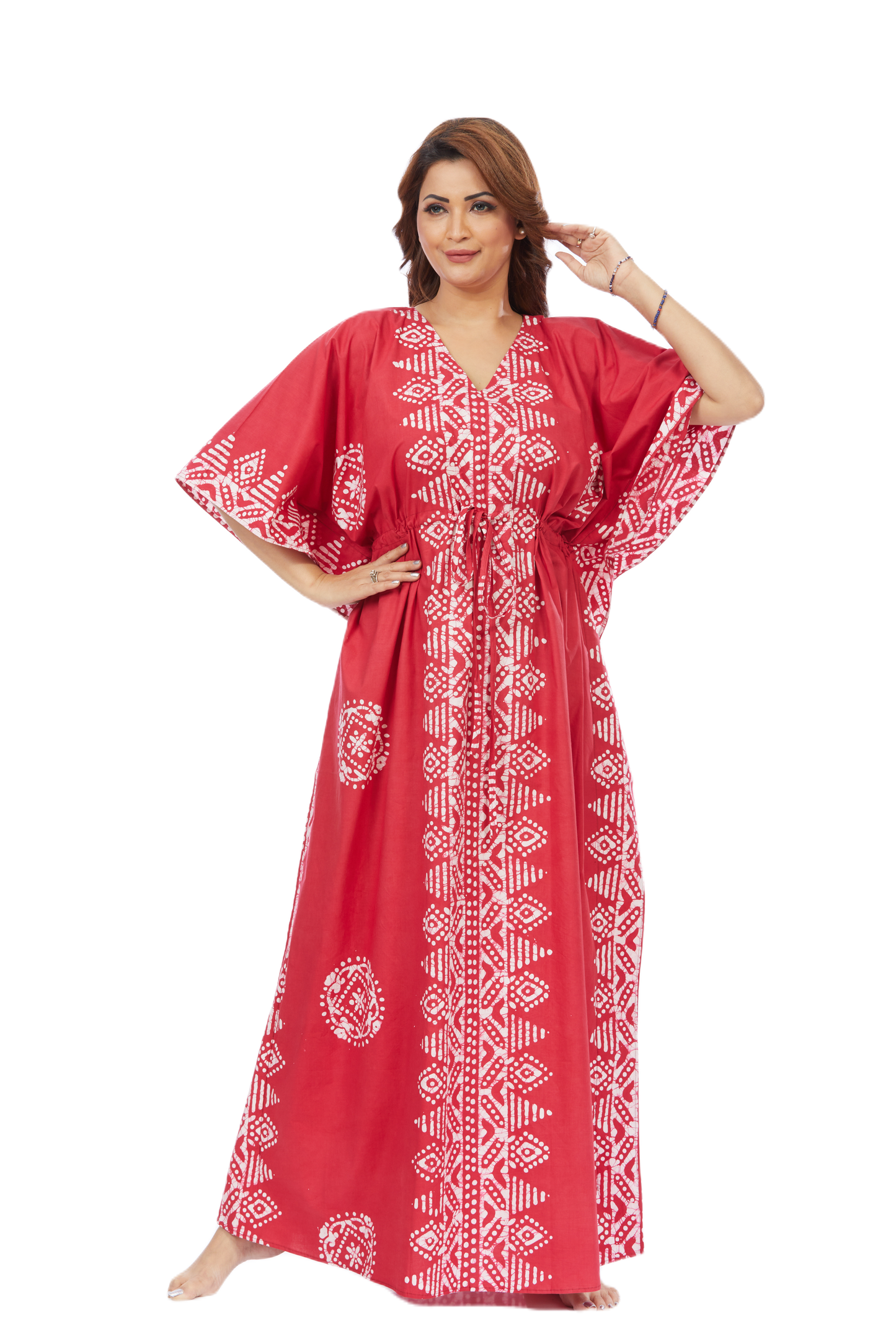 Red Triangle Border Batik Cotton Kaftan - The Kaftan Shop