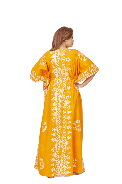 Yellow Triangle Border Design, Hand Dyed Batik, 100% Cotton Kaftan - K121