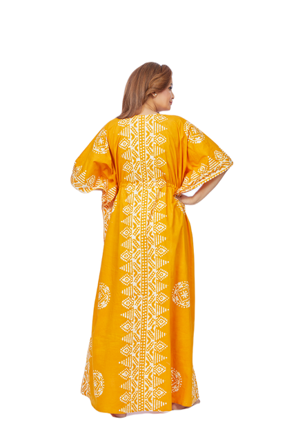 Yellow Triangle Border Design Hand Dyed Batik 100% Cotton Kaftan - The Kaftan Shop