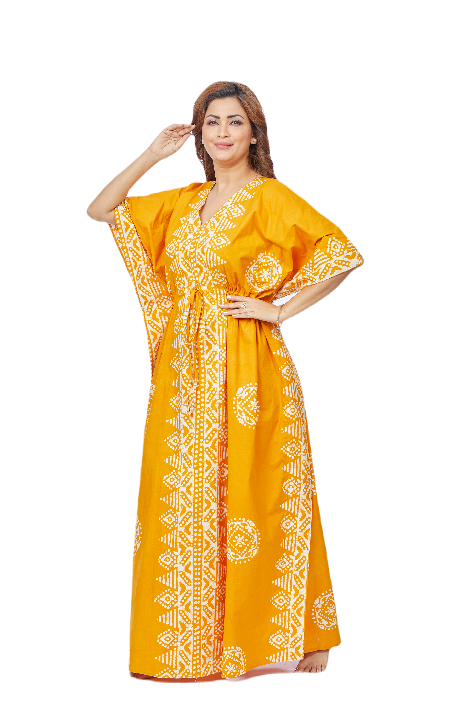 Yellow Triangle Border Design Hand Dyed Batik 100% Cotton Kaftan | K121