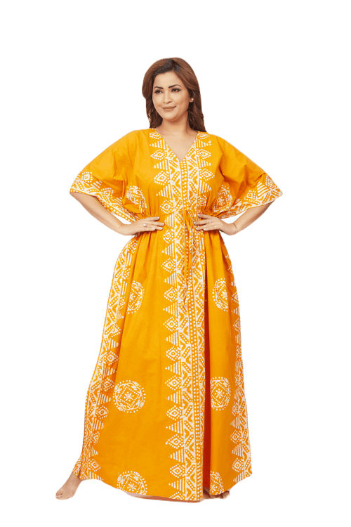 Yellow Triangle Border Design, Hand Dyed Batik, 100% Cotton Kaftan - K121