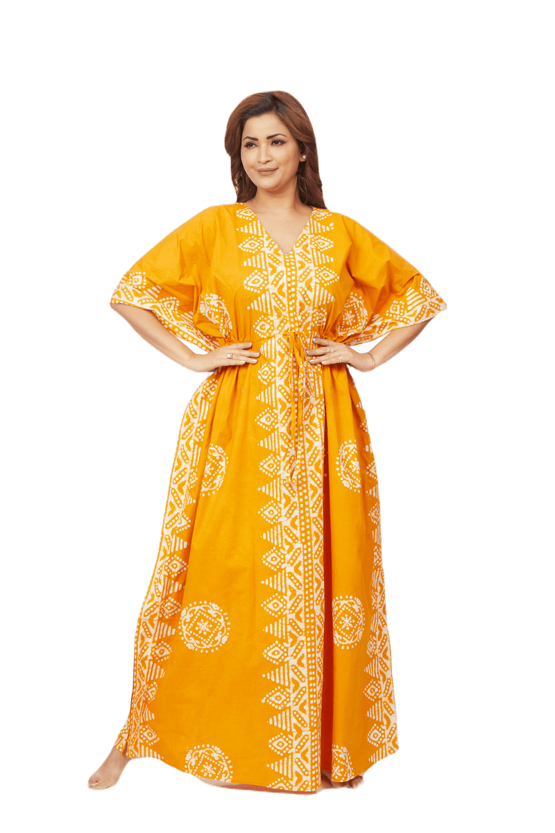 Yellow Triangle Border Design, Hand Dyed Batik, 100% Cotton Kaftan - K121