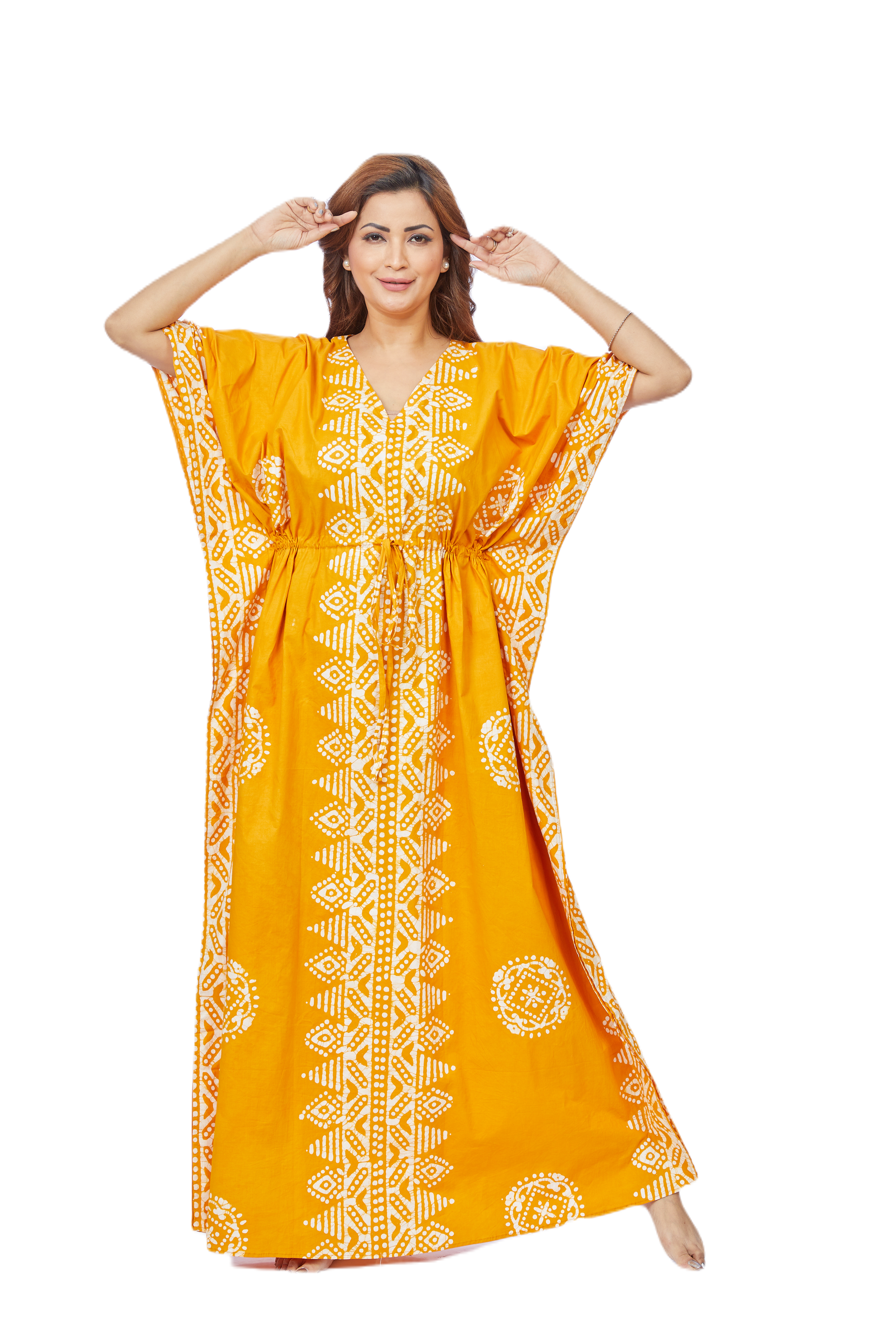 Yellow Triangle Border Hand Dyed Batik Cotton Kaftan - K121 | The Kaftan Shop