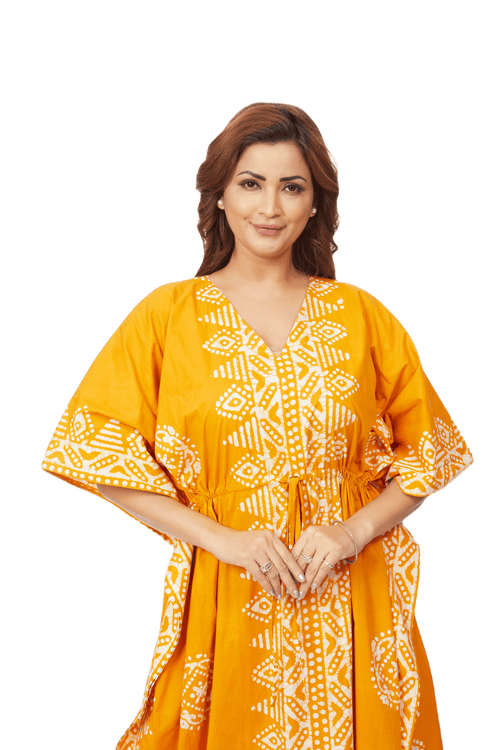 Yellow Triangle Border Design, Hand Dyed Batik, 100% Cotton Kaftan - K121