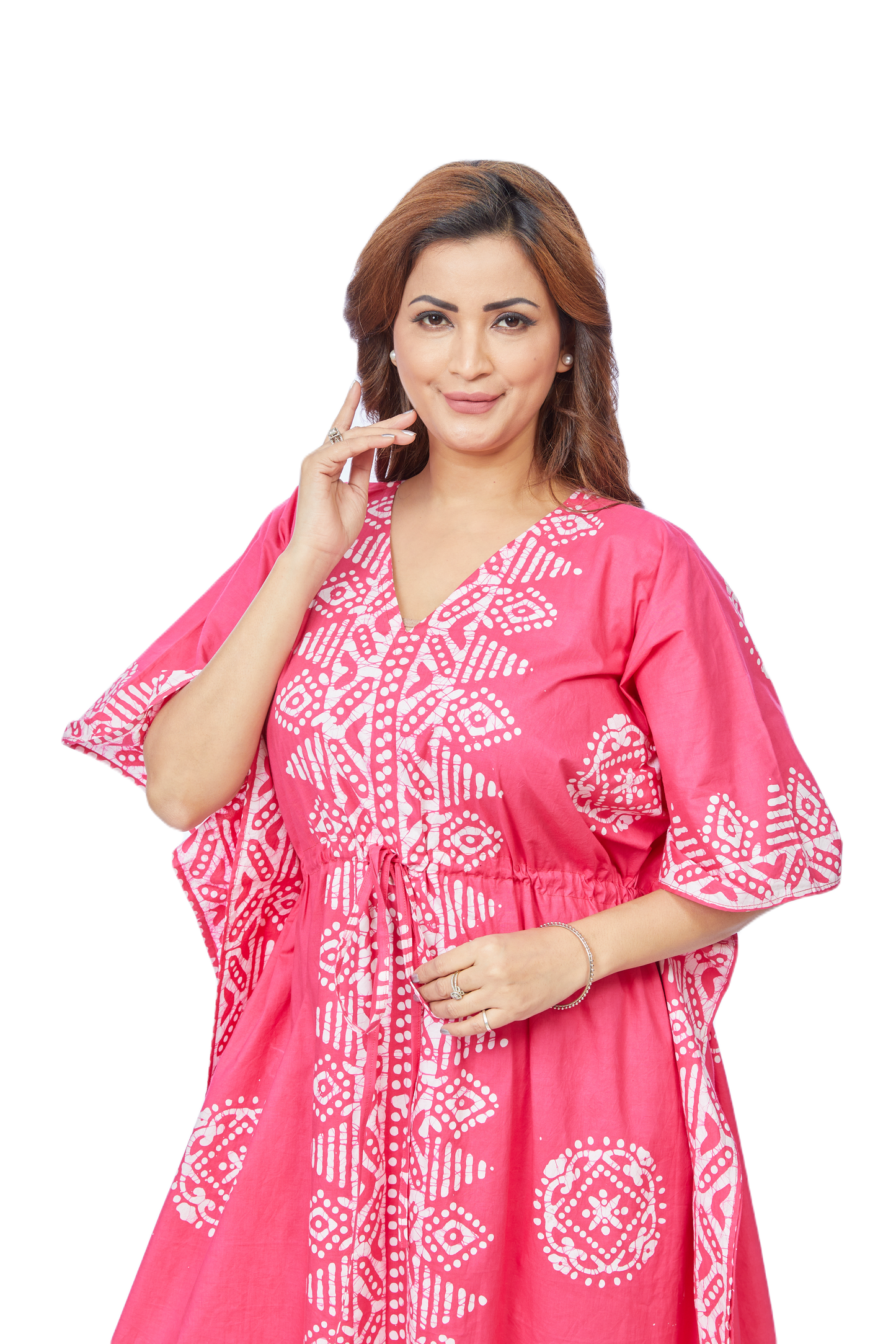 Hand-Dyed Batik Kaftan with Pink Triangle Border Design - TheKaftanShop.com