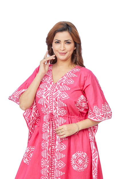 Hand-Dyed Batik Kaftan with Pink Triangle Border Design - TheKaftanShop.com