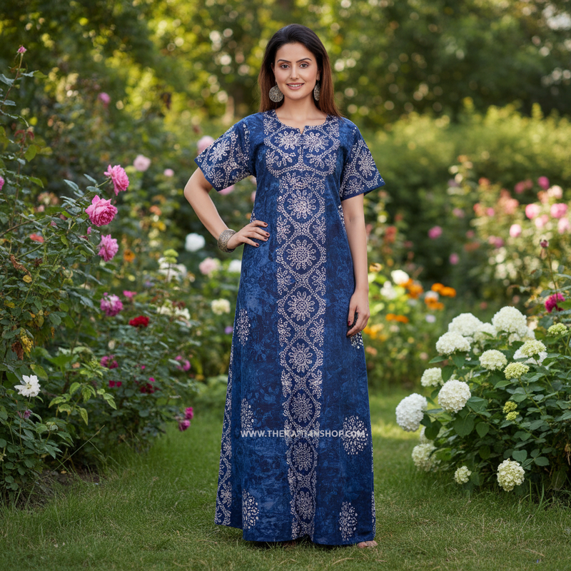 Blue Flowers, Hand Dyed Batik, 100% Cotton Night Gown - NG036 image 6