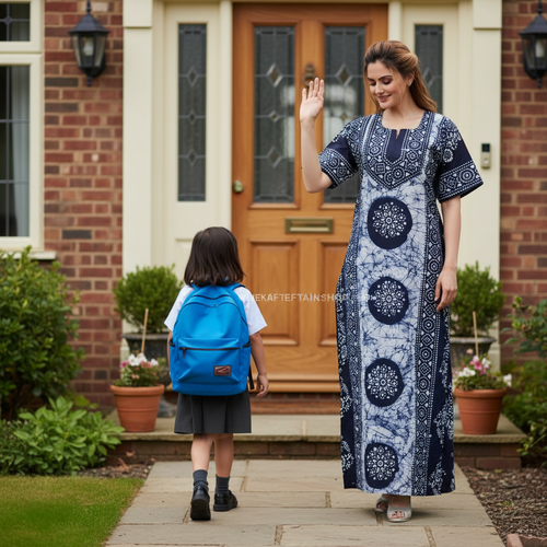 Blue White Circles, Hand Dyed Batik, 100% Cotton Night Gown - NG023