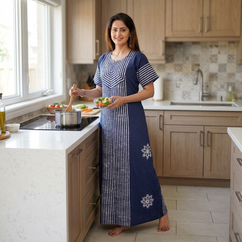 Navy Blue, Hand Dyed Batik, 100% Cotton Night Gown - NG011