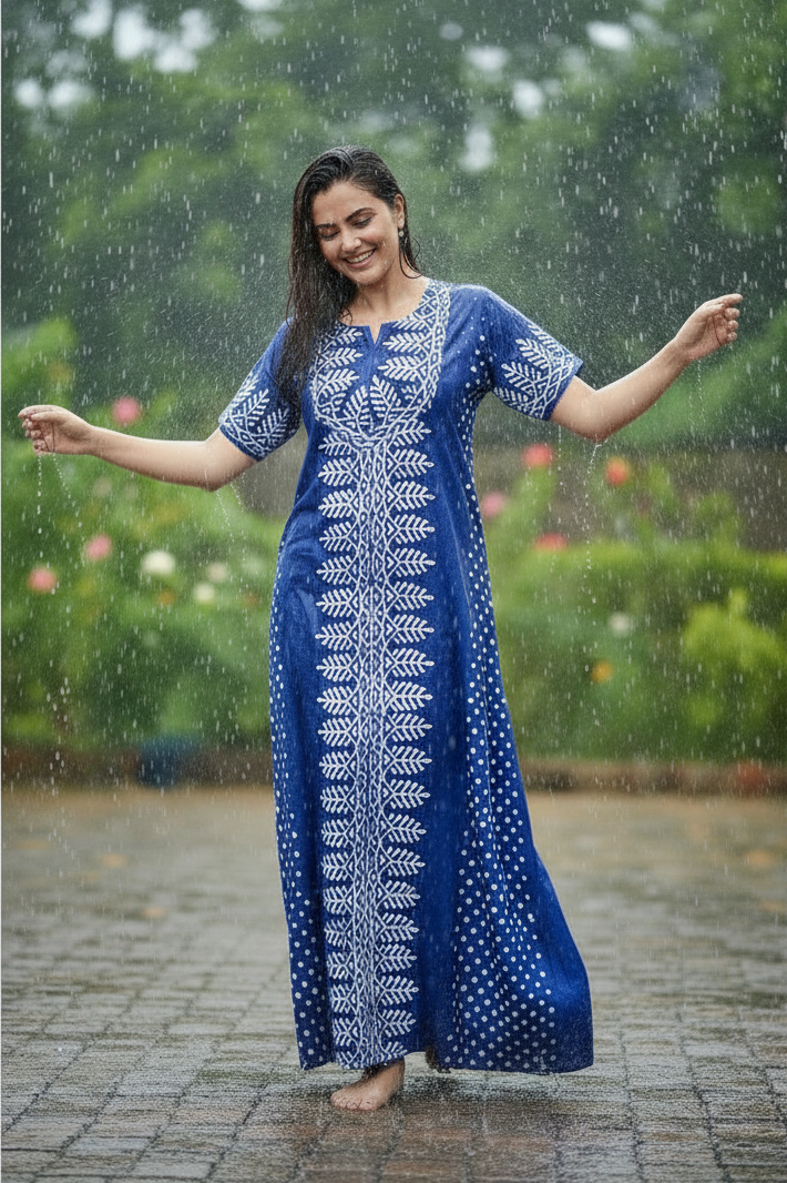 Dotted Blue, Hand Dyed Batik, 100% Cotton Night Gown - NG001