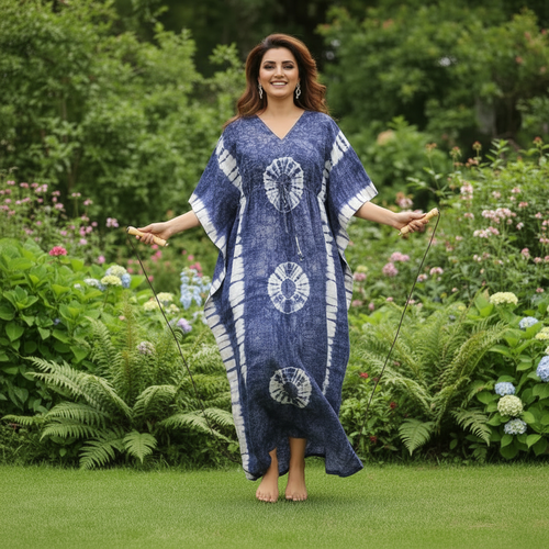 Blue Round Tie-Dye, Hand Dyed Batik, 100% Cotton Kaftan - K091