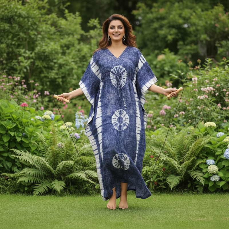 Blue Round Tie-Dye, Hand Dyed Batik, 100% Cotton Kaftan - K091