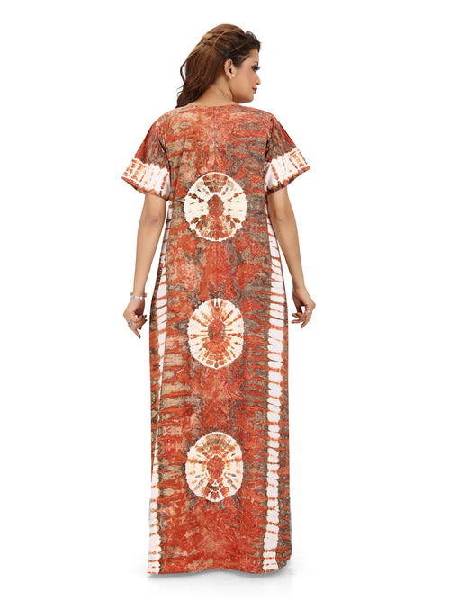 Brown Round Tie-Dye, Hand Dyed Batik, 100% Cotton Night Gown - NG092