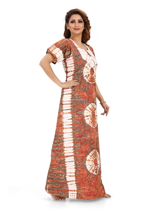 Brown Round Tie-Dye, Hand Dyed Batik, 100% Cotton Night Gown - NG092