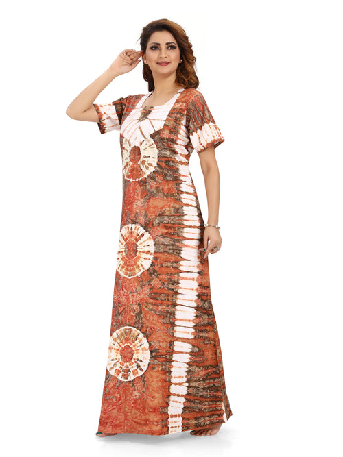 Brown Round Tie-Dye, Hand Dyed Batik, 100% Cotton Night Gown - NG092