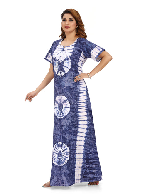 Blue Round Tie-Dye, Hand Dyed Batik, 100% Cotton Night Gown - NG091