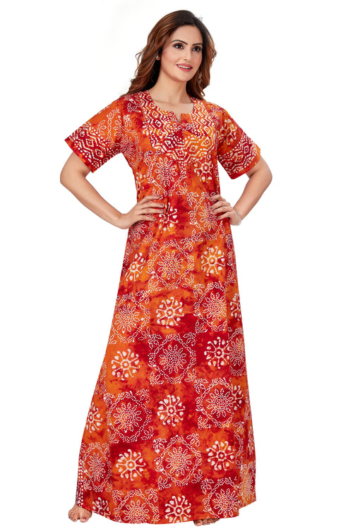 Red Orange Block Design, Hand Dyed Batik, 100% Cotton Night Gown - NG060
