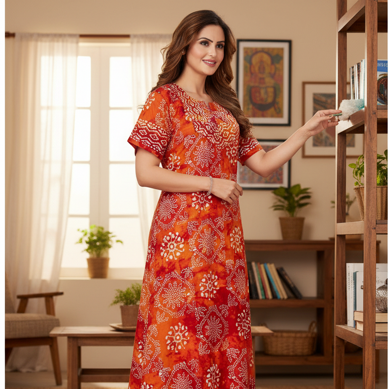 Red Orange Block Design, Hand Dyed Batik, 100% Cotton Night Gown - NG060 image 6
