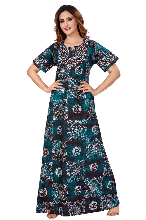 Green Block Design, Hand Dyed Batik, 100% Cotton Night Gown - NG061