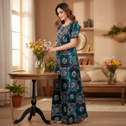 Green Block Design, Hand Dyed Batik, 100% Cotton Night Gown - NG061