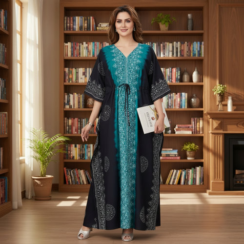 Green & Black Shaded, Hand Dyed Batik, 100% Cotton Kaftan - K040