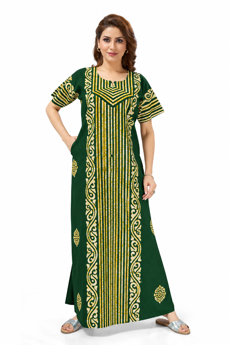 Green Lines Design Batik, Hand Dyed Batik, 100% Cotton Night Gown - NG227