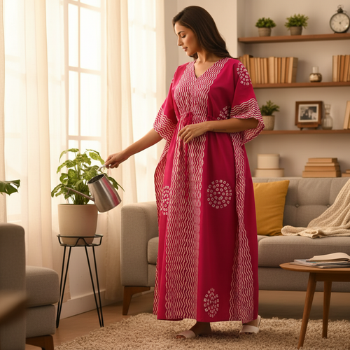 Pink Waves Design Batik, Hand Dyed Batik, 100% Cotton Kaftan - K194