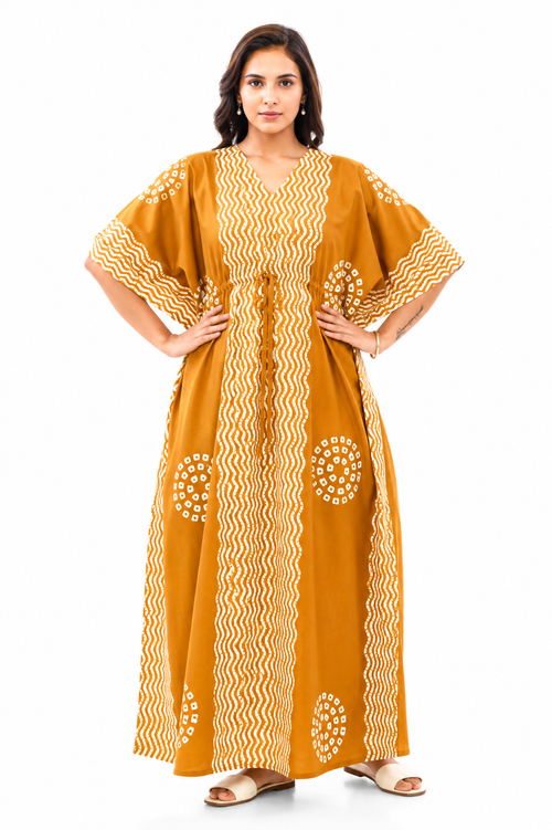 Yellow Waves Design Batik, Hand Dyed Batik, 100% Cotton Kaftan - K195