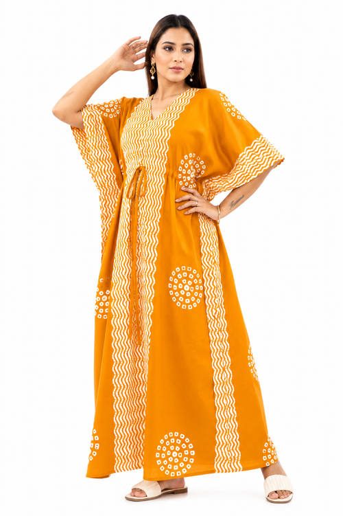 Yellow Waves Design Batik, Hand Dyed Batik, 100% Cotton Kaftan - K195