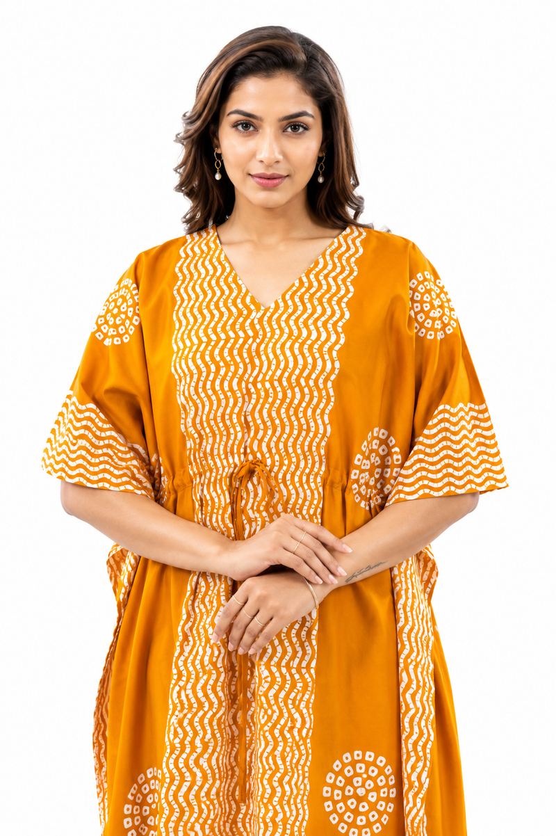 Yellow Waves Design Batik, Hand Dyed Batik, 100% Cotton Kaftan - K195 - image 5