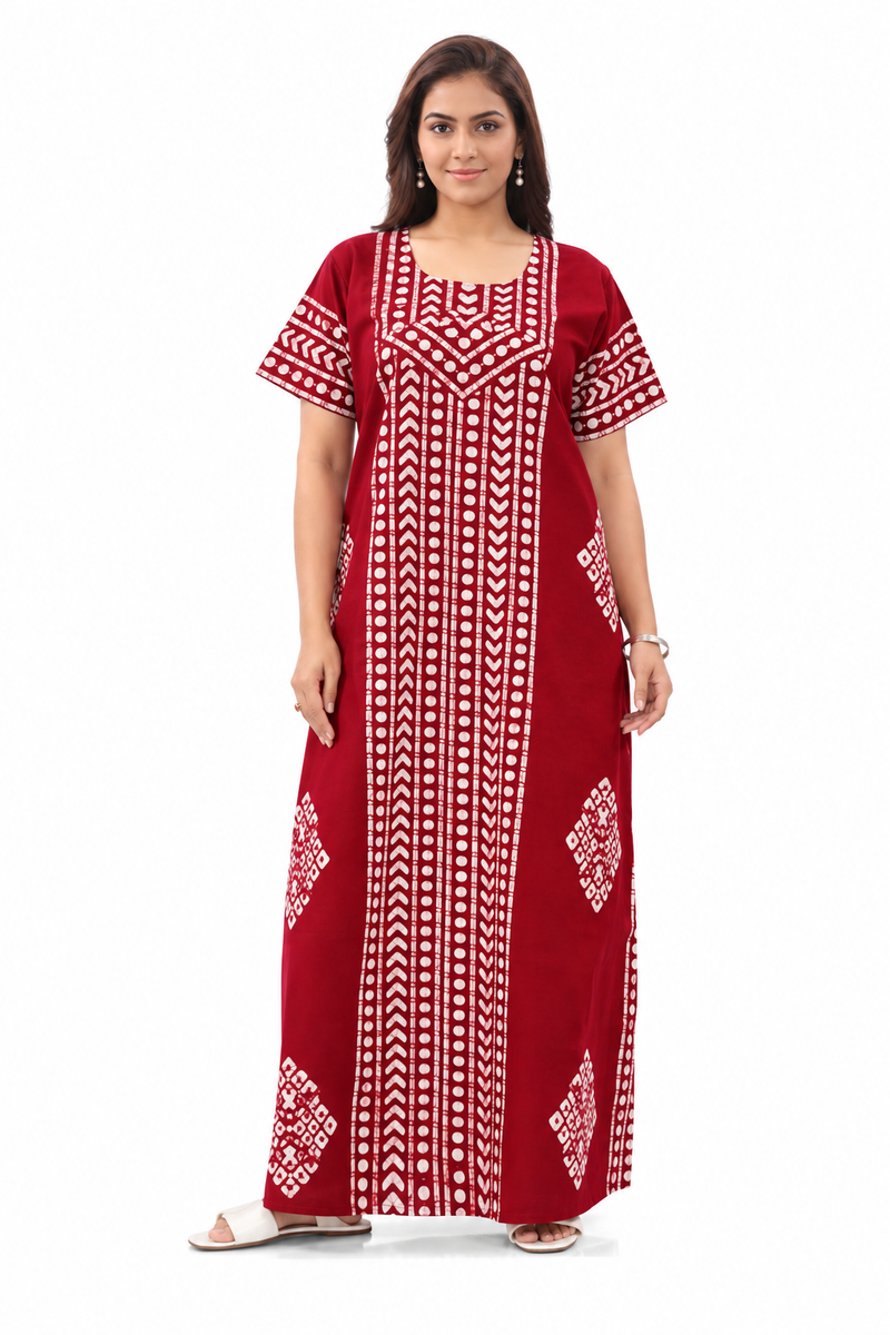 Red Diamond Arrow Batik, Hand Dyed Batik, 100% Cotton Night Gown - NG200