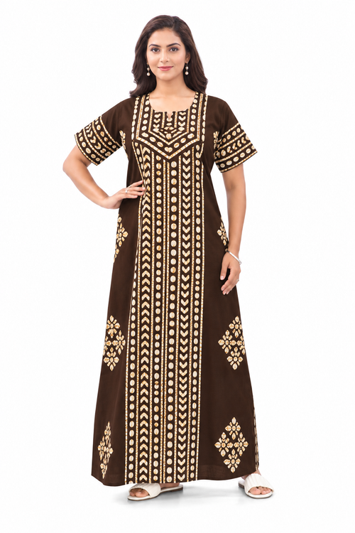 Brown Diamond Arrow Batik, Hand Dyed Batik, 100% Cotton Night Gown - NG203