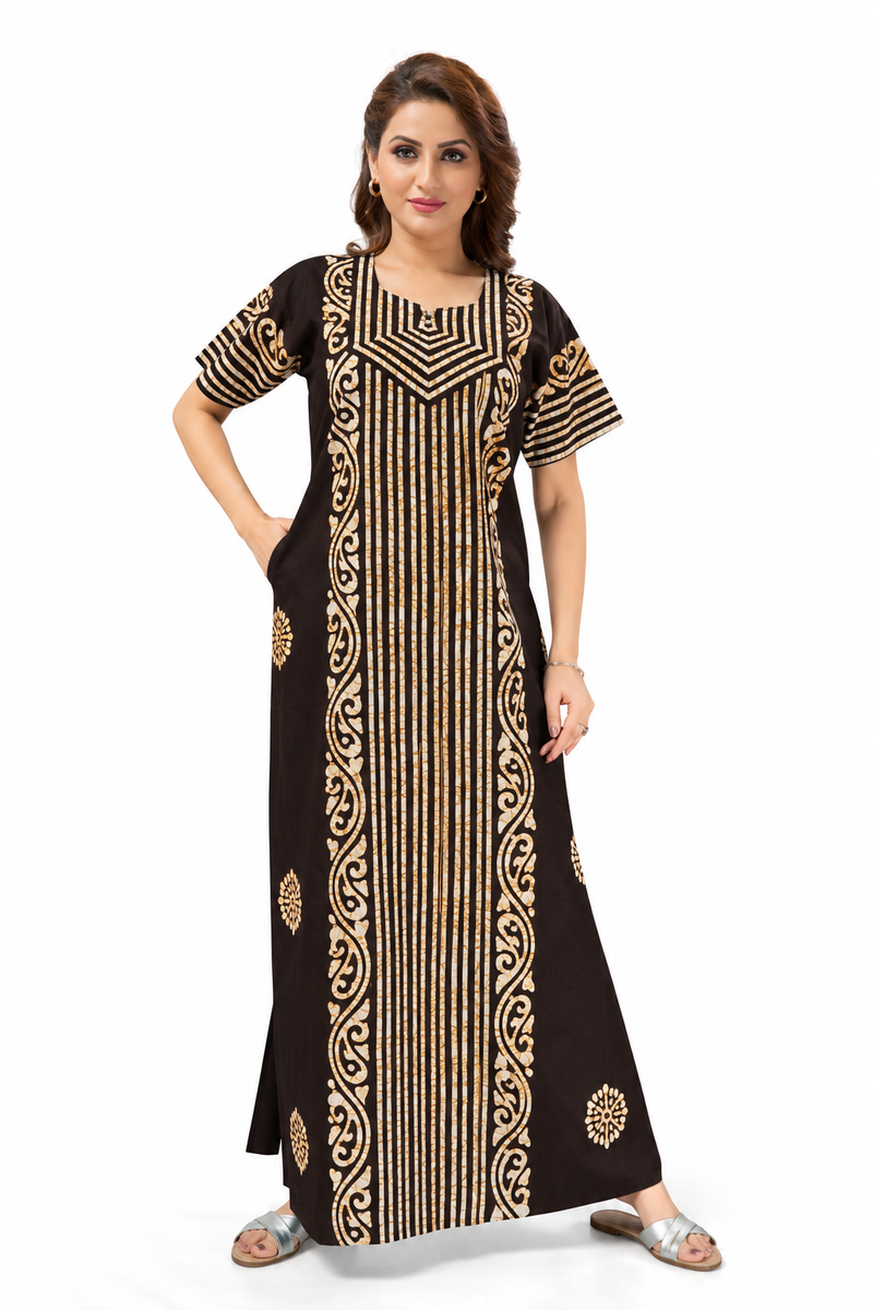 Brown Lines Design Batik, Hand Dyed Batik, 100% Cotton Night Gown - NG223