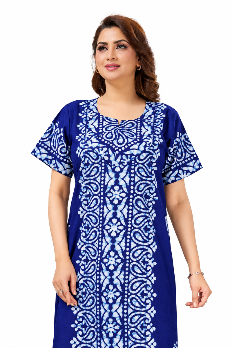 Navy Blue Paisley Design Batik, Hand Dyed Batik, 100% Cotton Night Gown - NG211 image 2