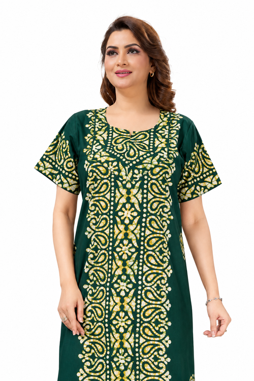 Green Paisley Design Batik, Hand Dyed Batik, 100% Cotton Night Gown - NG217
