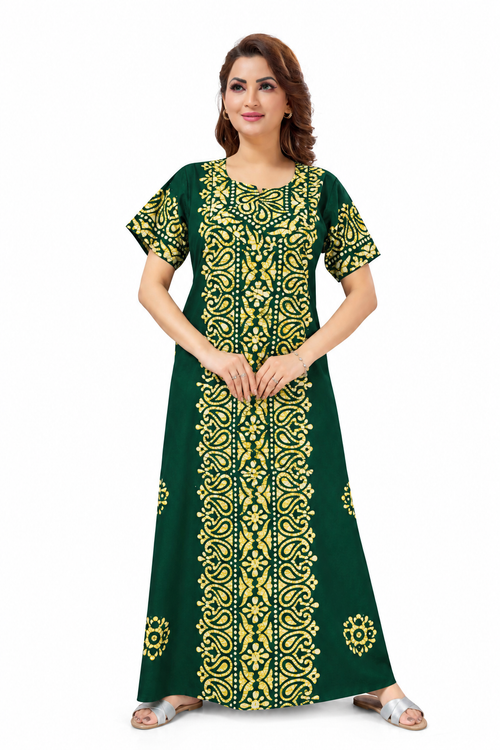 Green Paisley Design Batik, Hand Dyed Batik, 100% Cotton Night Gown - NG217