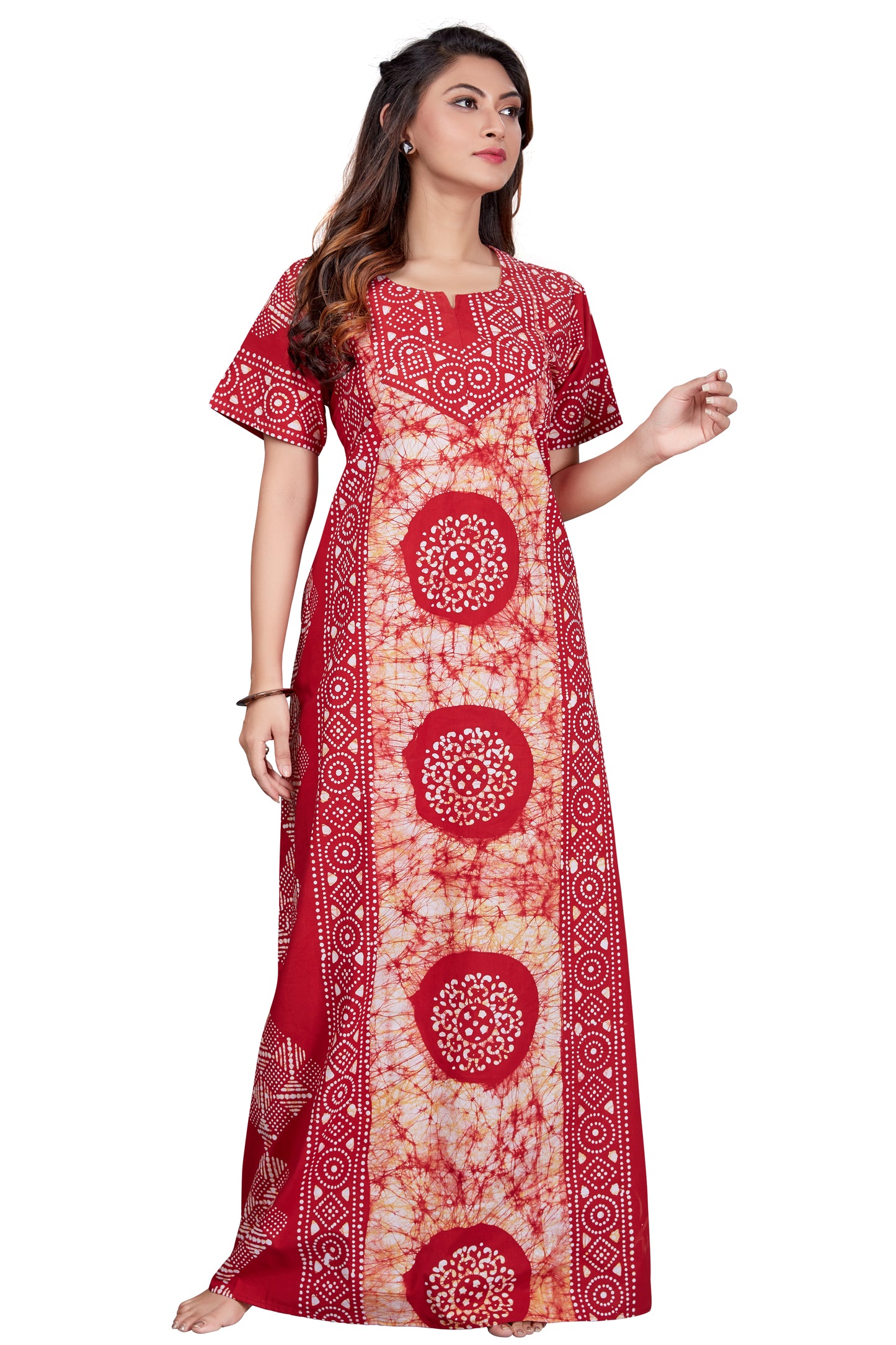 NG025 - Red White Circles, Hand Dyed Batik, 100% Cotton Night Gown