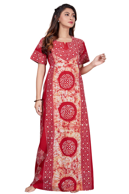 Red White Circles, Hand Dyed Batik, 100% Cotton Night Gown - NG025