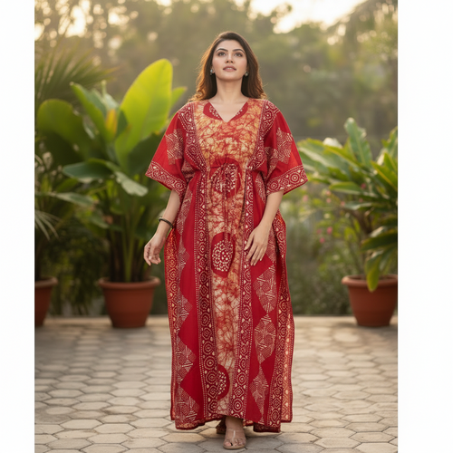Red White Circles, Hand Dyed Batik, 100% Cotton Kaftan - K025