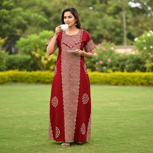 Red Waves Design Batik, Hand Dyed Batik, 100% Cotton Night Gown - NG190