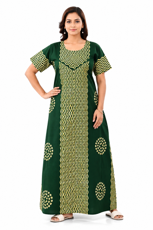 Green Waves Design Batik, Hand Dyed Batik, 100% Cotton Night Gown - NG197