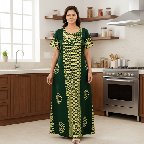 Green Waves Design Batik, Hand Dyed Batik, 100% Cotton Night Gown - NG197